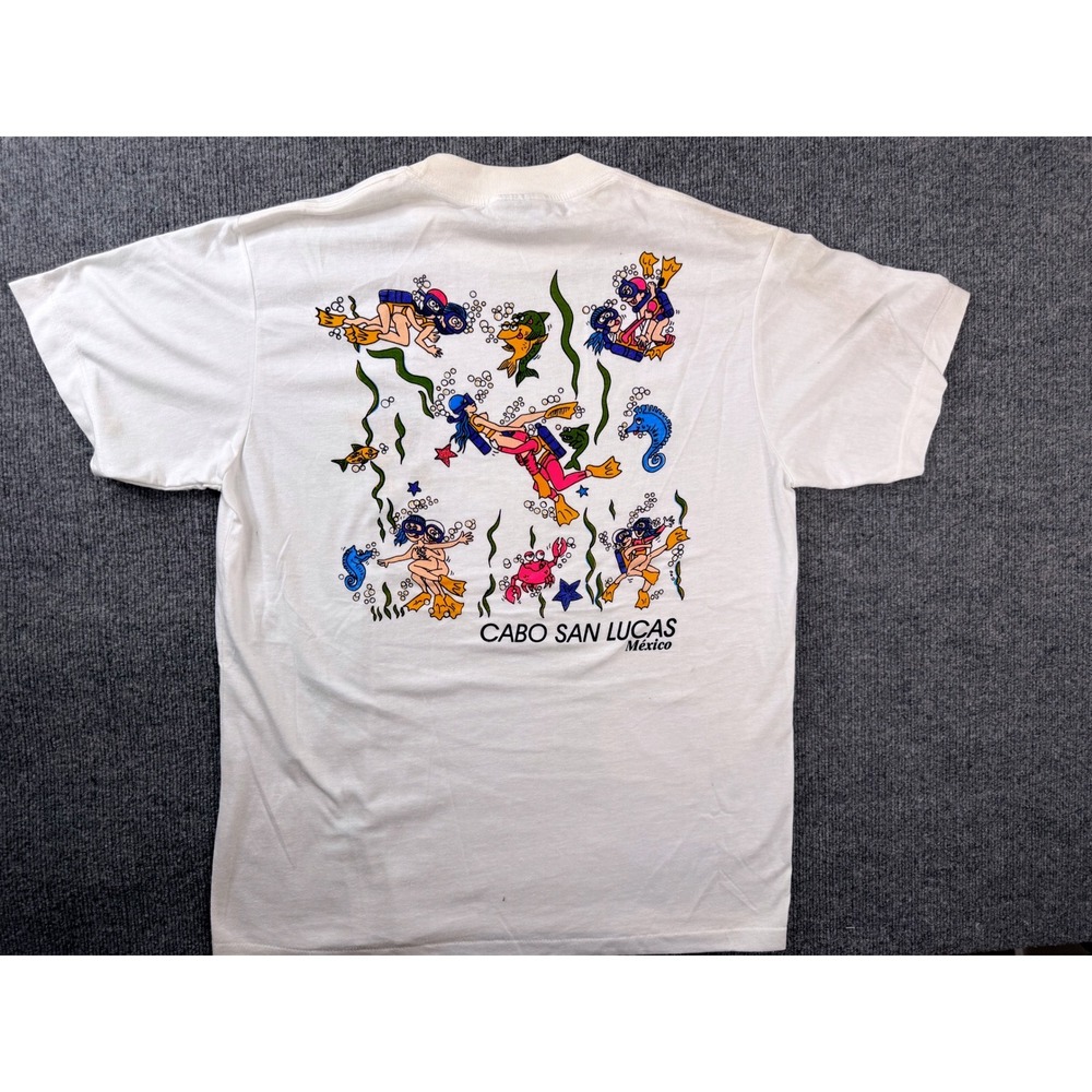 Vintage Cabo San Lucas Scuba Graphic Tee L White Y2K Mexico Souvenir T-Shirt